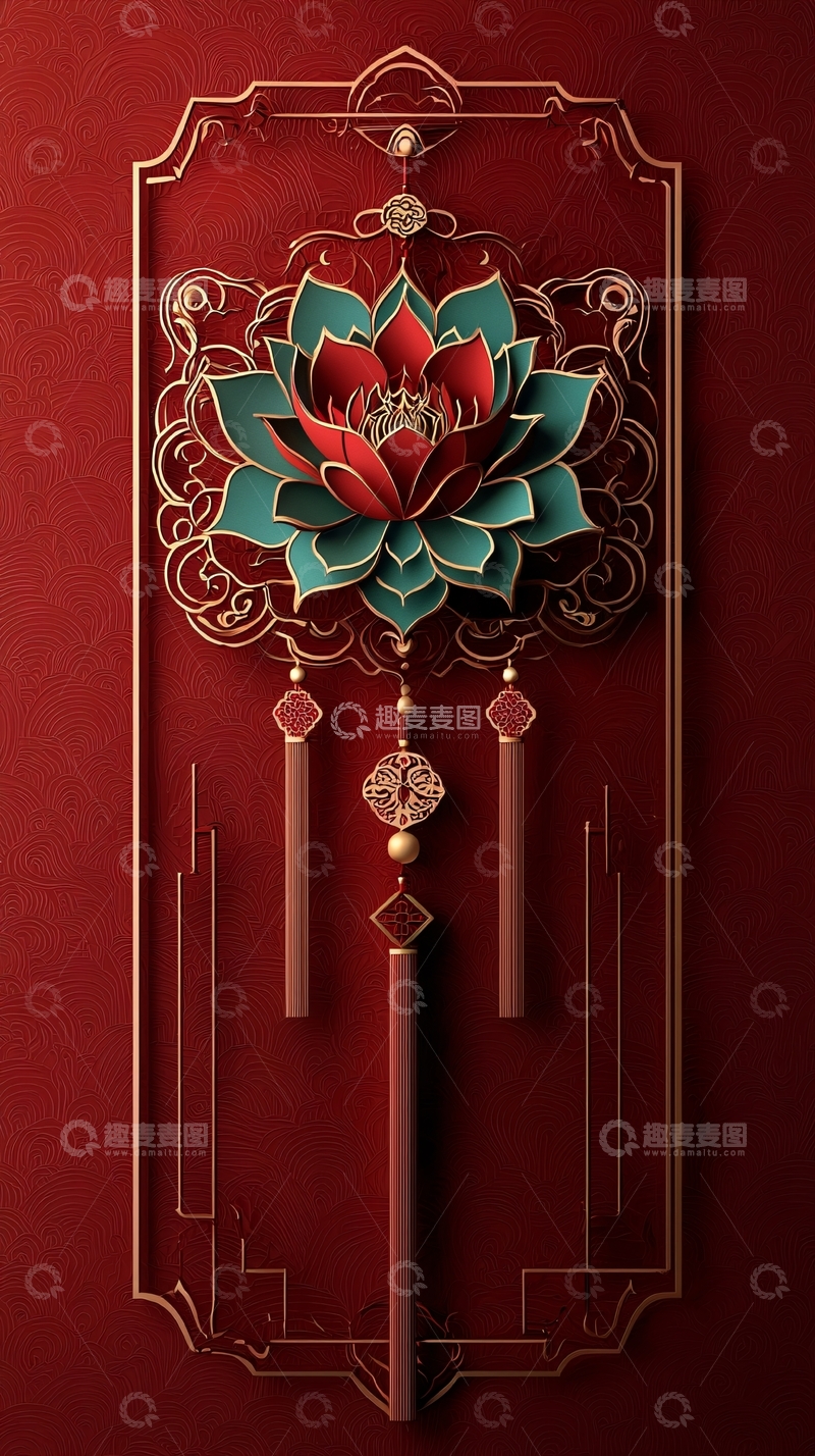 高清大图下载【趣麦麦图】红色背景下的莲花吊坠