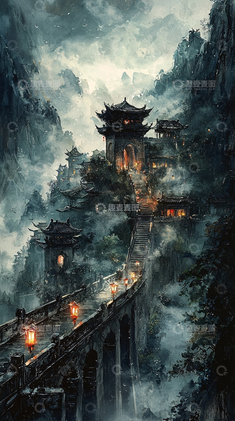 高清大图下载【趣麦麦图】山间古建筑夜景