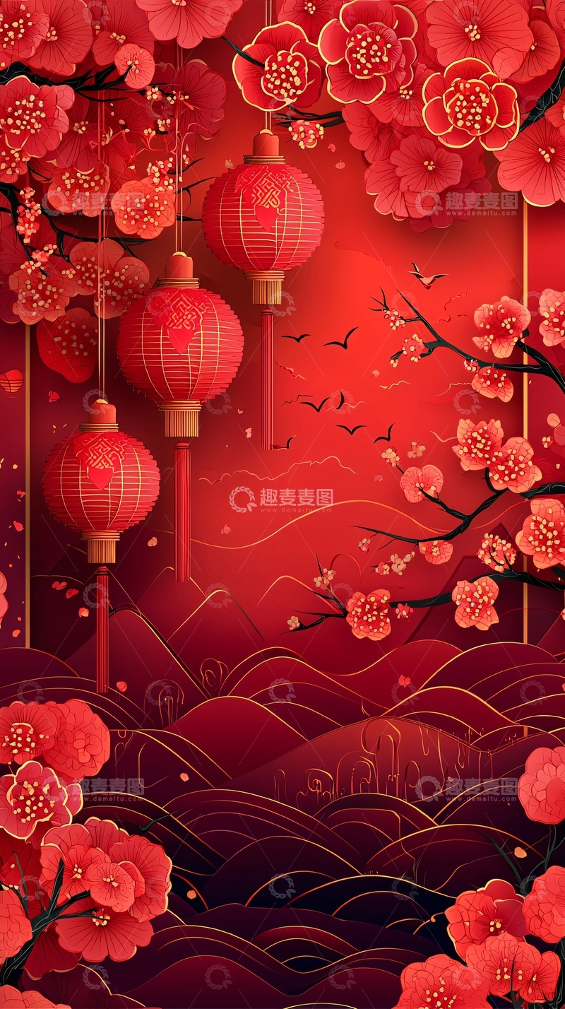 高清大图下载【趣麦麦图】红梅红灯笼中国风背景图