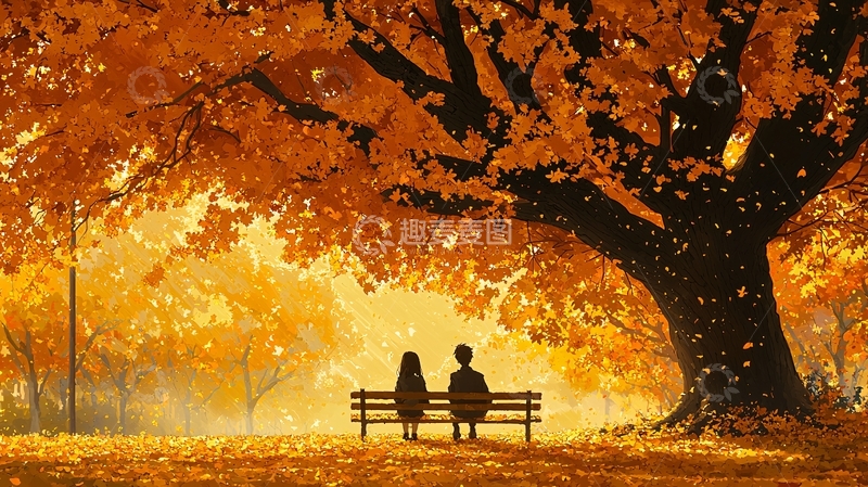 高清大图下载【趣麦麦图】秋日情侣公园长椅