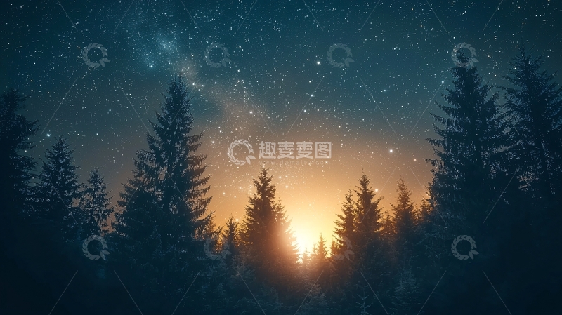高清大图下载【趣麦麦图】星空树林日出