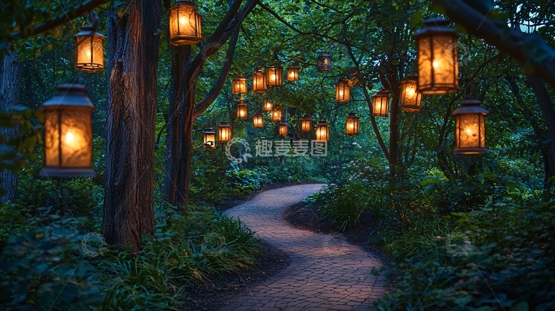 高清大图下载【趣麦麦图】森林小路灯笼夜景