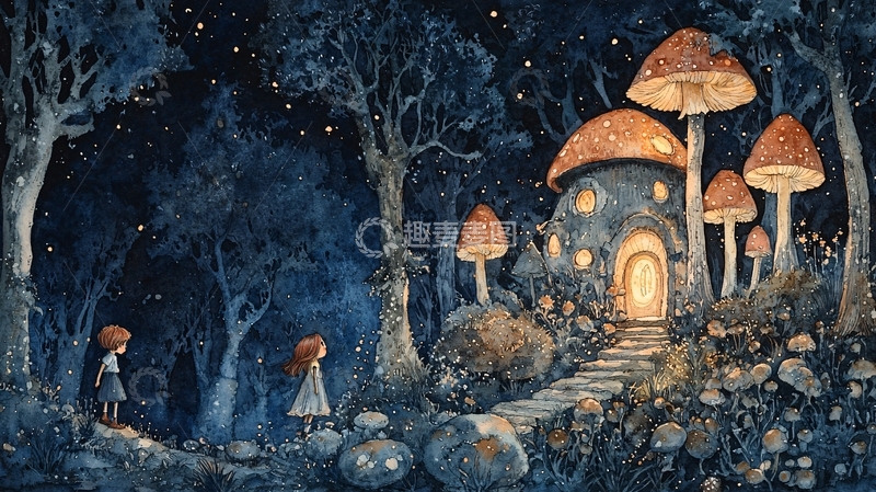 高清大图下载【趣麦麦图】夜晚森林蘑菇屋