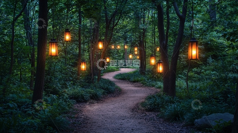 高清大图下载【趣麦麦图】夜晚森林小路灯笼