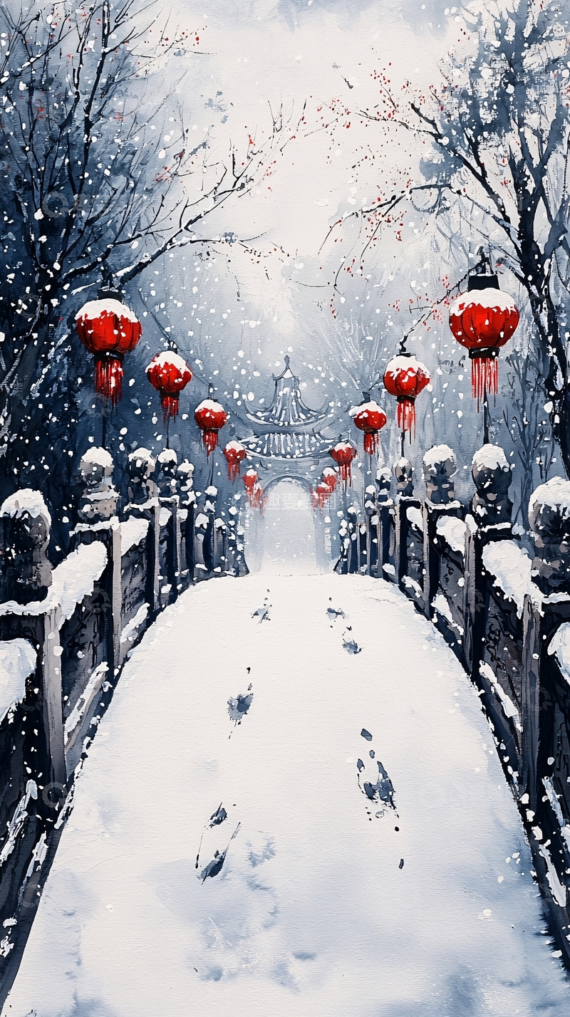 高清大图下载【趣麦麦图】雪中红灯笼古桥