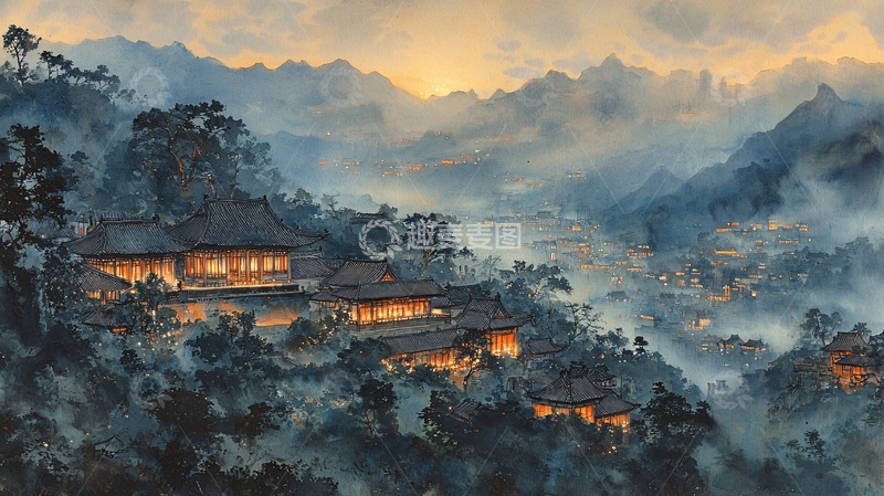 高清大图下载【趣麦麦图】山间小镇夜景