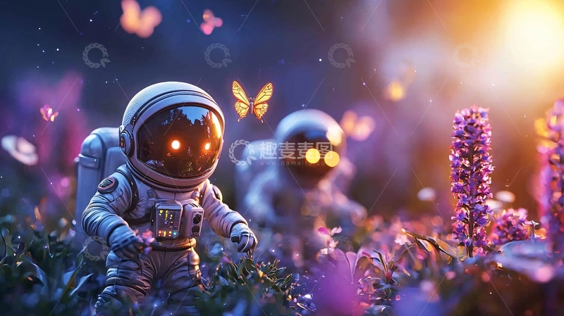 高清大图下载【趣麦麦图】梦幻宇航员与蝴蝶花田