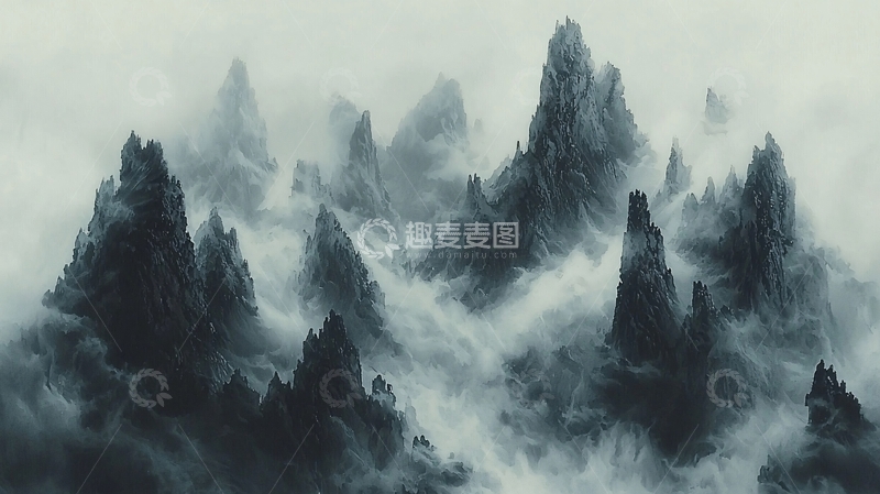 高清大图下载【趣麦麦图】云雾缭绕的黑色山峰