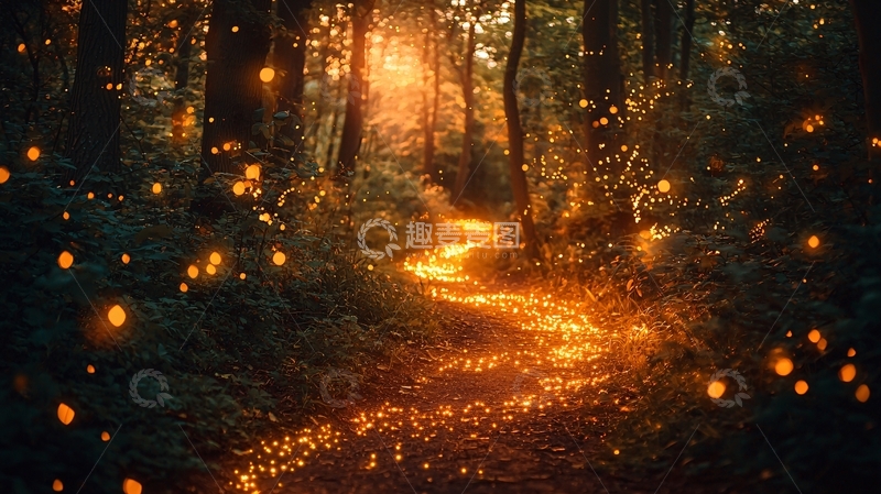 高清大图下载【趣麦麦图】森林小路萤火虫
