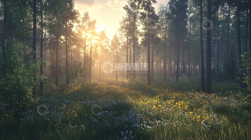 高清大图下载【趣麦麦图】清晨森林阳光洒满草地