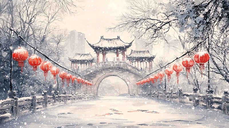 高清大图下载【趣麦麦图】雪景古桥