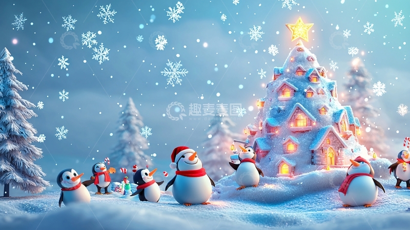 高清大图下载【趣麦麦图】圣诞节企鹅雪景