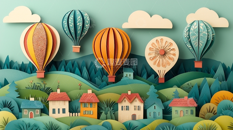 高清大图下载【趣麦麦图】纸艺热气球乡村风景