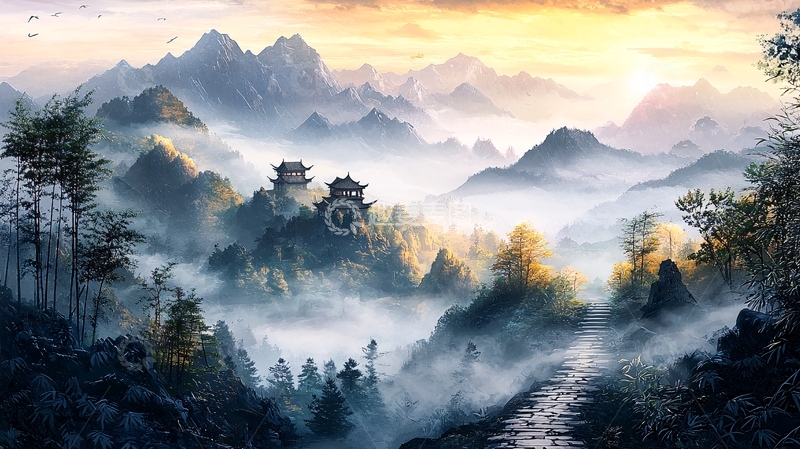 高清大图下载【趣麦麦图】云雾缭绕的山间古楼