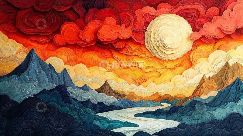 高清大图下载【趣麦麦图】云海山川日落图