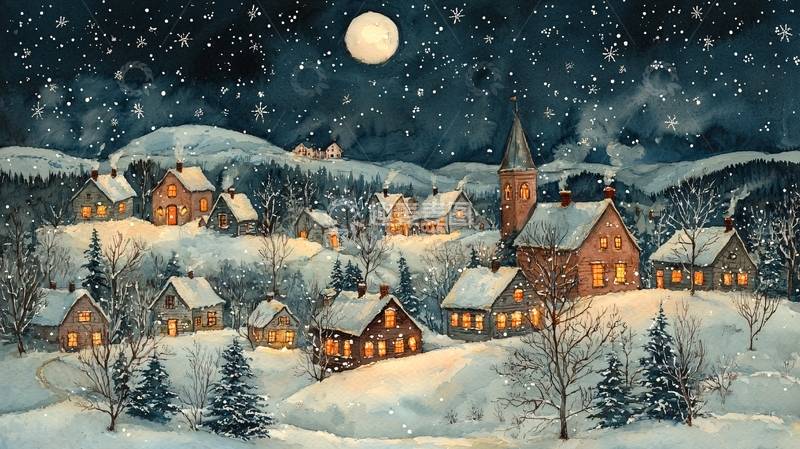高清大图下载【趣麦麦图】冬夜雪景小镇
