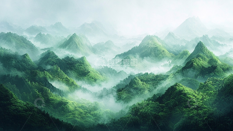 高清大图下载【趣麦麦图】雾气缭绕的绿色山峦