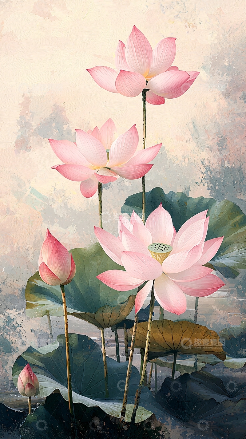 高清大图下载【趣麦麦图】粉色莲花水墨画