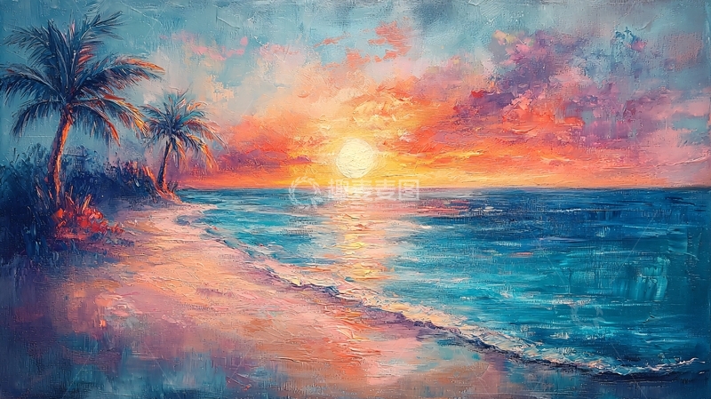 高清大图下载【趣麦麦图】热带海滩日落风景画