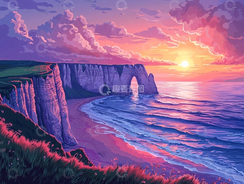 高清大图下载【趣麦麦图】紫色夕阳海边悬崖