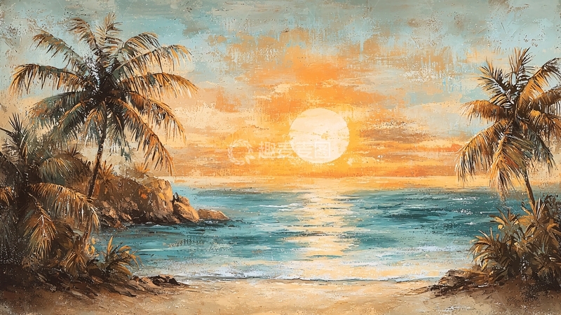 高清大图下载【趣麦麦图】热带海滩日落风景画