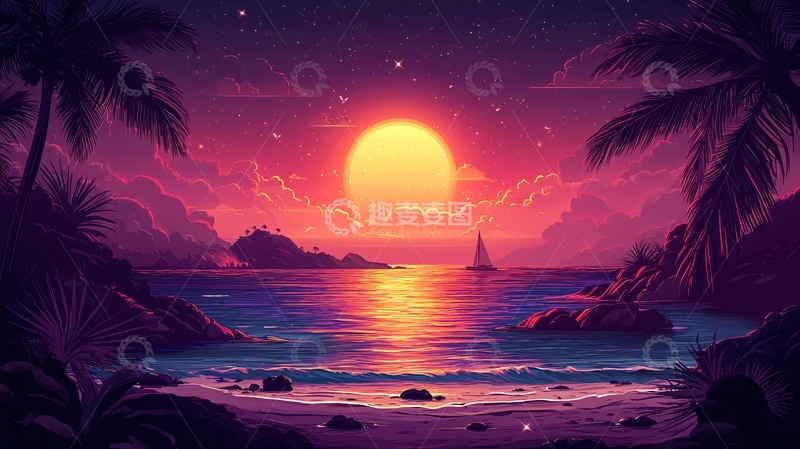高清大图下载【趣麦麦图】浪漫紫色海滩落日