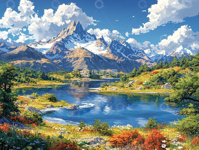 高清大图下载【趣麦麦图】雪山湖泊风景画