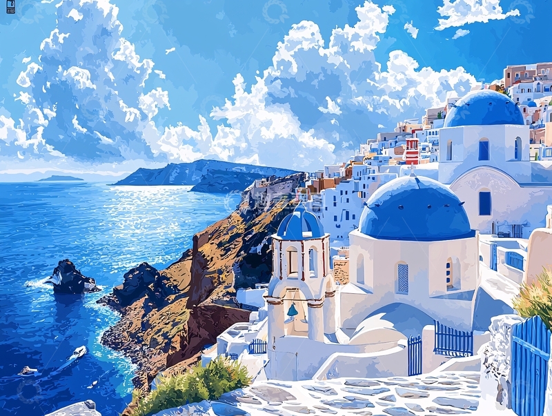 高清大图下载【趣麦麦图】圣托里尼蓝白小镇