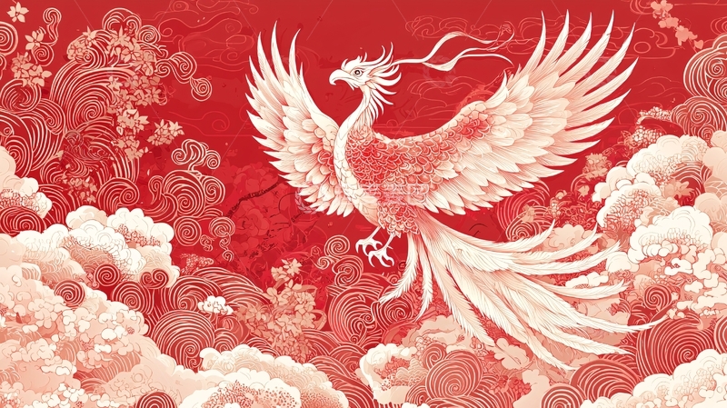 高清大图下载【趣麦麦图】红底白凤凰祥云图