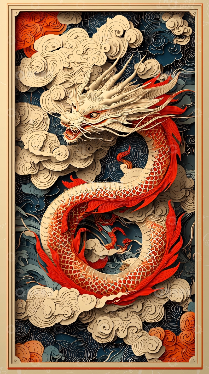 高清大图下载【趣麦麦图】祥云瑞龙剪纸风格插画