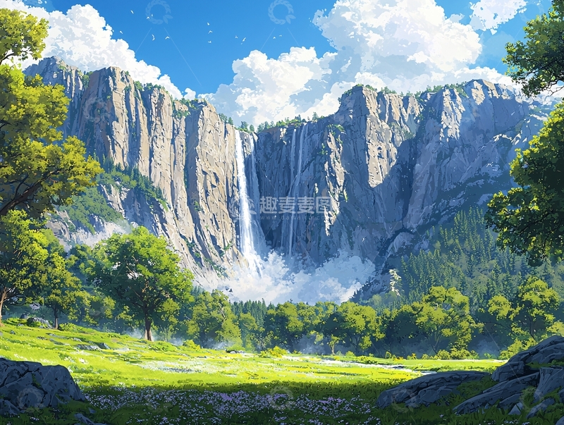 高清大图下载【趣麦麦图】山谷瀑布风景画