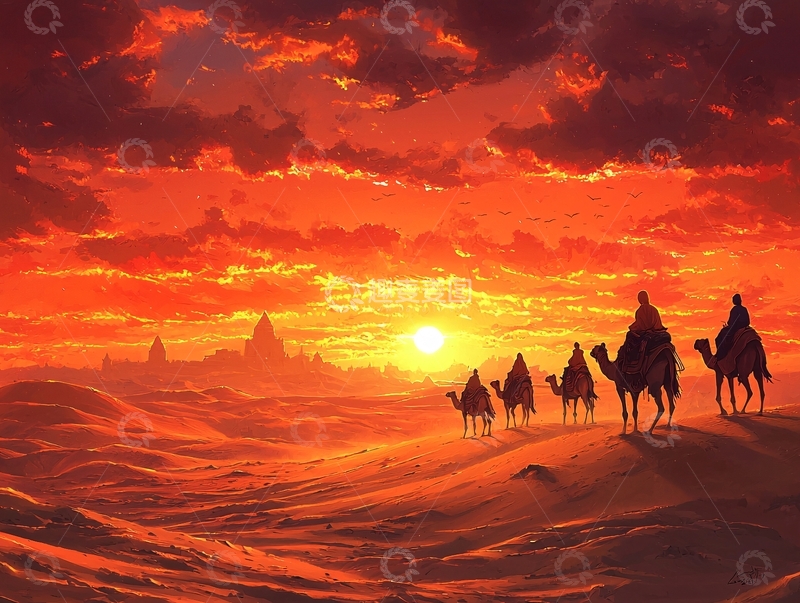 高清大图下载【趣麦麦图】日落驼队沙漠景象