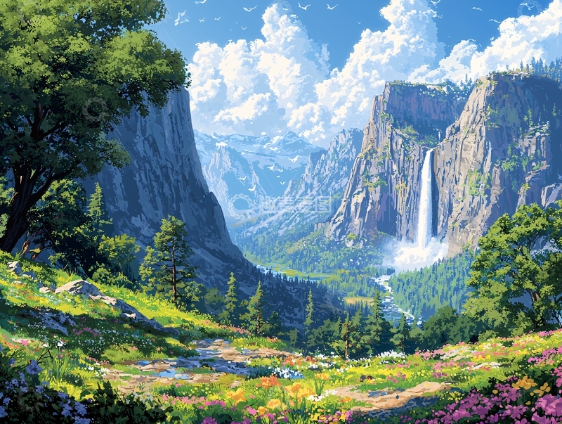 高清大图下载【趣麦麦图】山谷瀑布风景画