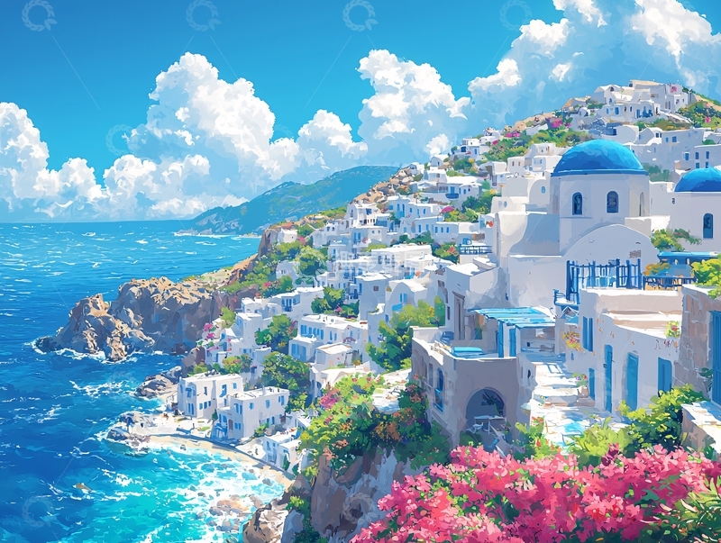 高清大图下载【趣麦麦图】阳光下的爱琴海白色小镇