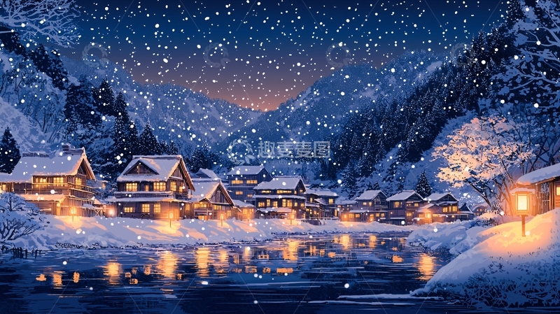 高清大图下载【趣麦麦图】冬夜雪景村庄