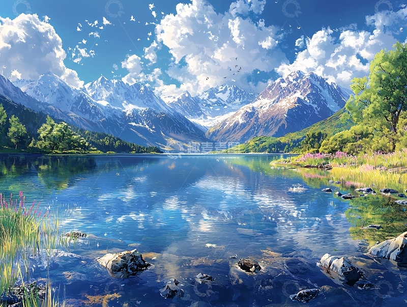 高清大图下载【趣麦麦图】雪山湖泊风景画