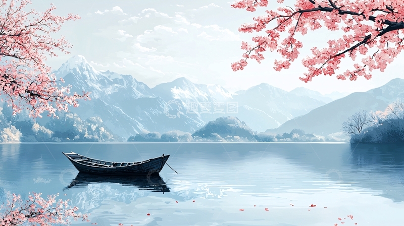 高清大图下载【趣麦麦图】静谧湖畔樱花树下小船
