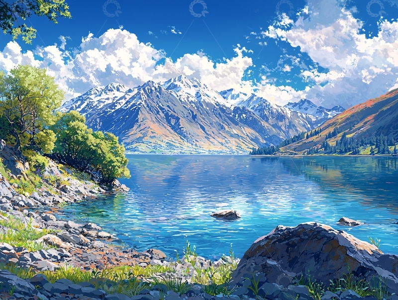 高清大图下载【趣麦麦图】阳光明媚雪山湖泊景色