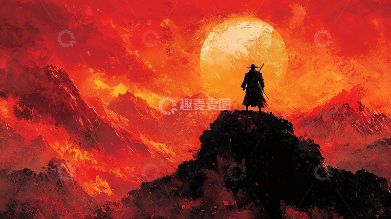 高清大图下载【趣麦麦图】红色天空下的武士
