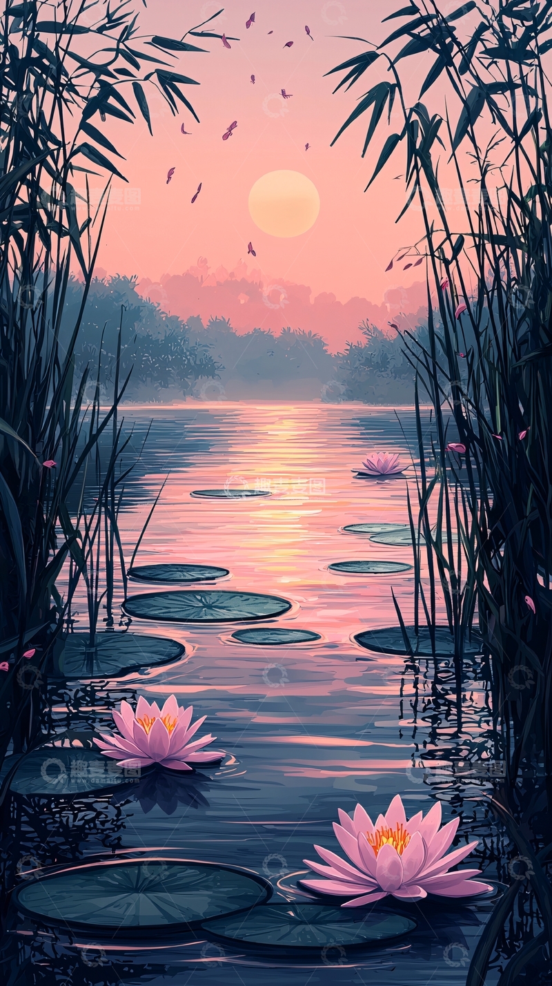 高清大图下载【趣麦麦图】日落湖边粉色睡莲