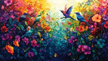 彩虹色鲜艳花鸟图