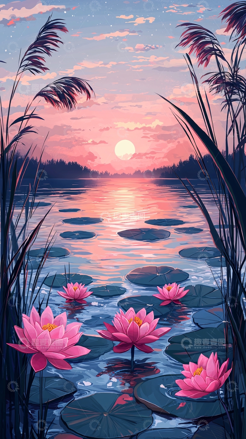 高清大图下载【趣麦麦图】日落湖景荷花图