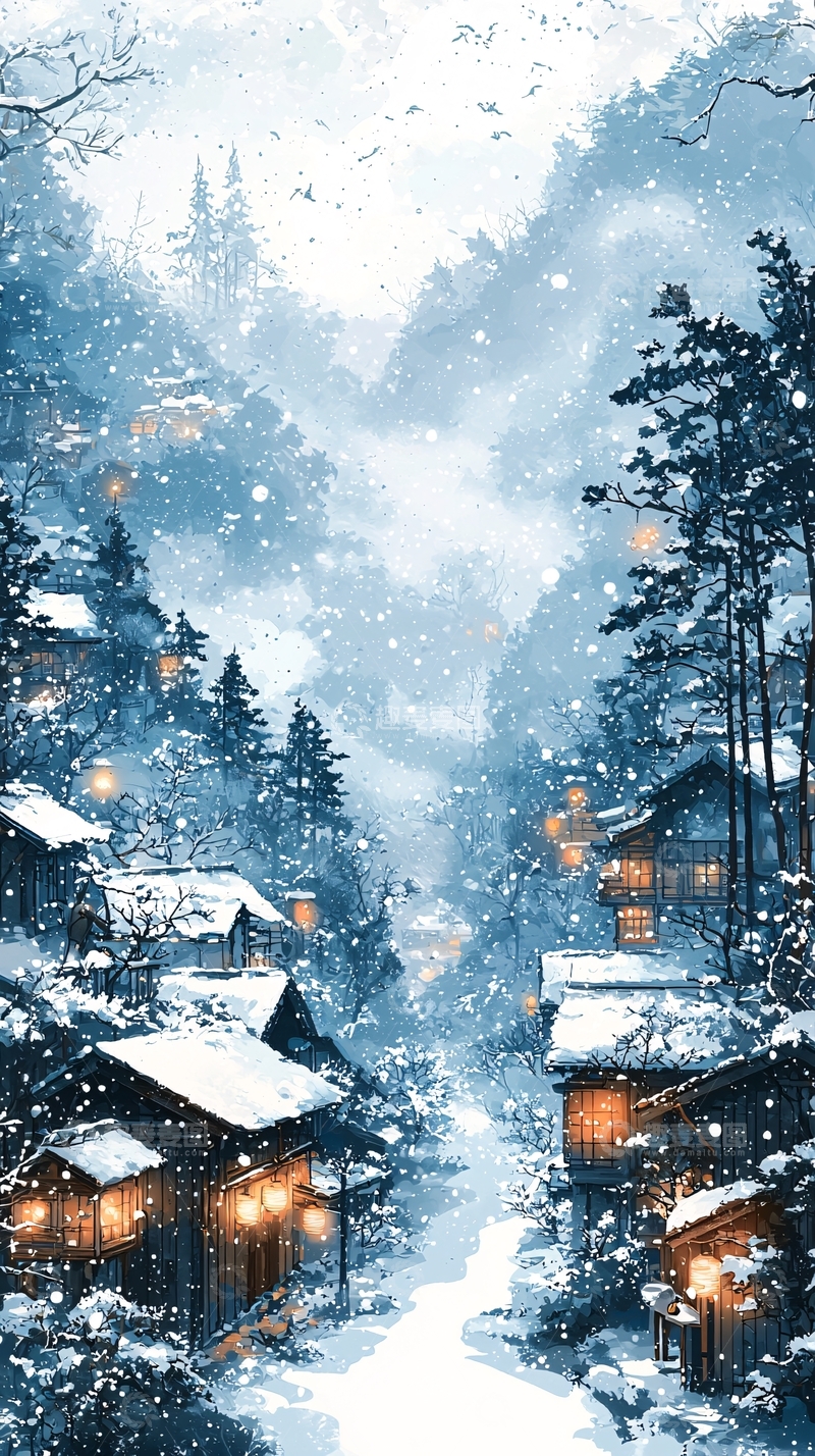 高清大图下载【趣麦麦图】雪景山村夜景