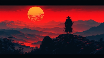 血色夕阳下武士剪影