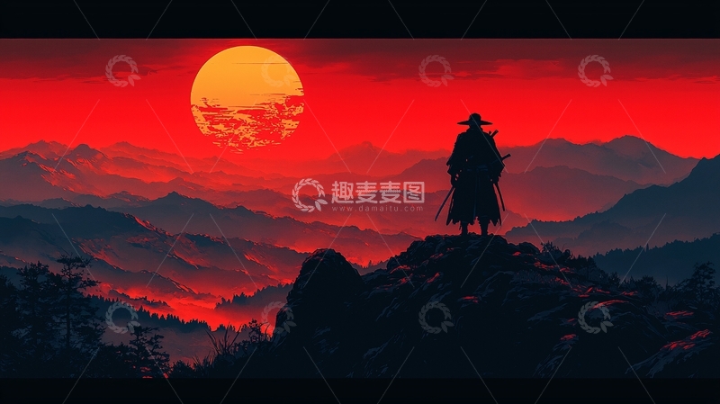 高清大图下载【趣麦麦图】血色夕阳下武士剪影