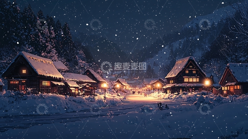 高清大图下载【趣麦麦图】冬夜雪景村庄