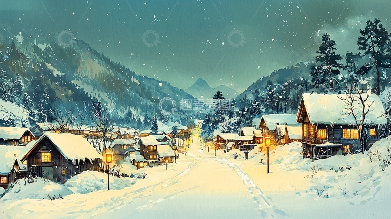 高清大图下载【趣麦麦图】雪夜山村