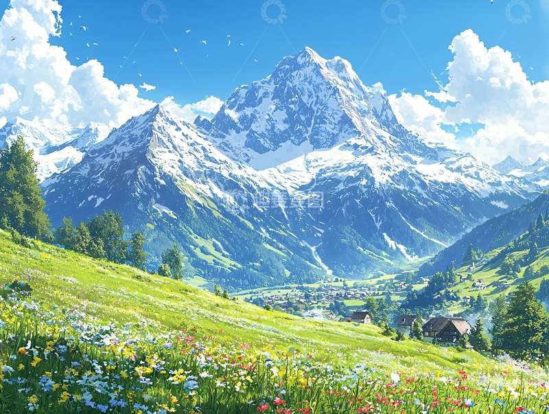 高清大图下载【趣麦麦图】雪山草原风景画
