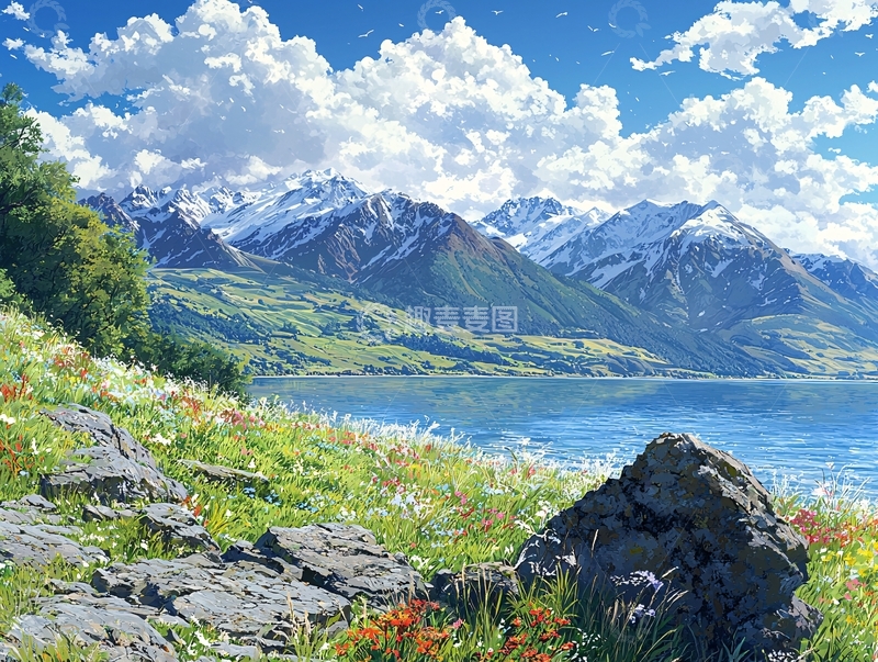 高清大图下载【趣麦麦图】阳光明媚雪山湖泊草原