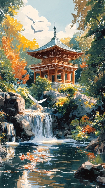 秋日日式庭院风景